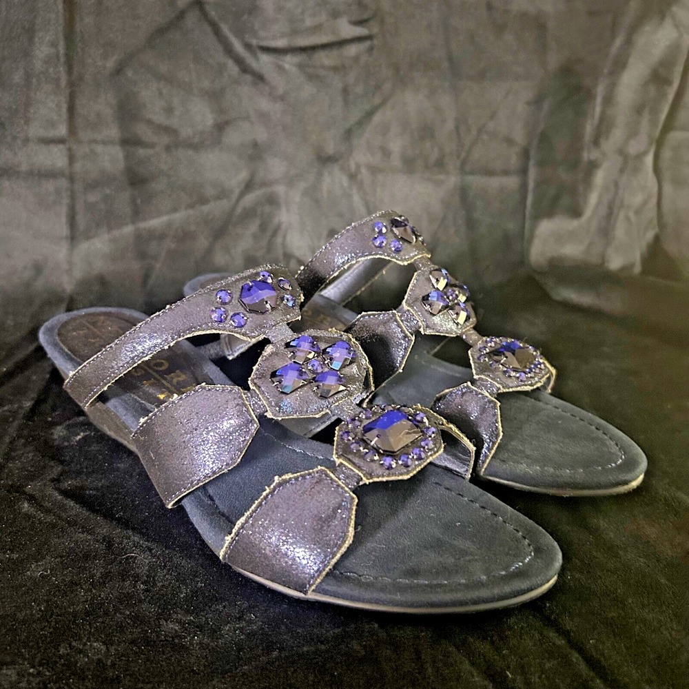 New York Transit Sandals Womens Size 8 Navy Blue Jeweled Slip On Wedge